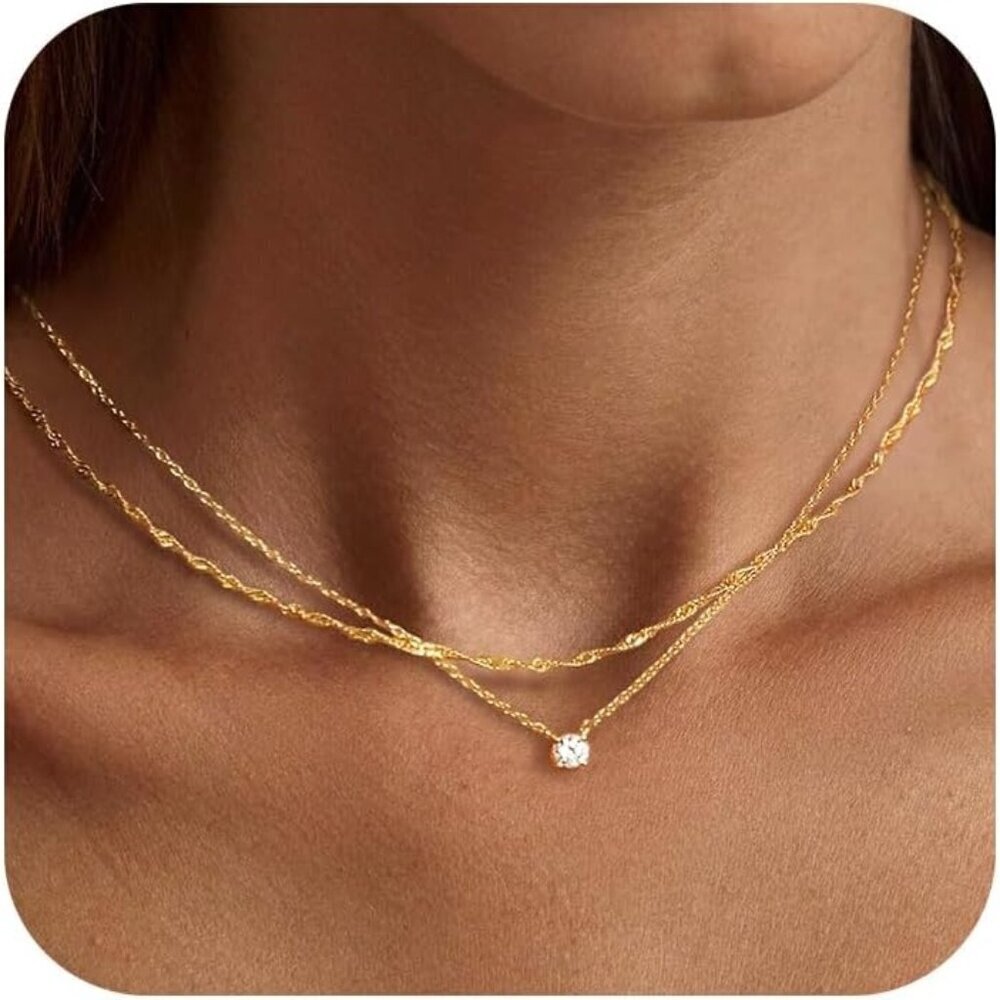Dainty 14K Gold Plated CZ Necklace for Women - Simple Trendy Jewelry Gift